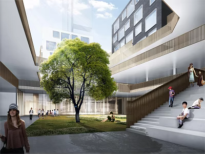 Modern School Building Design with Open Courtyard Large Tree and Student Activity Areas 3d model