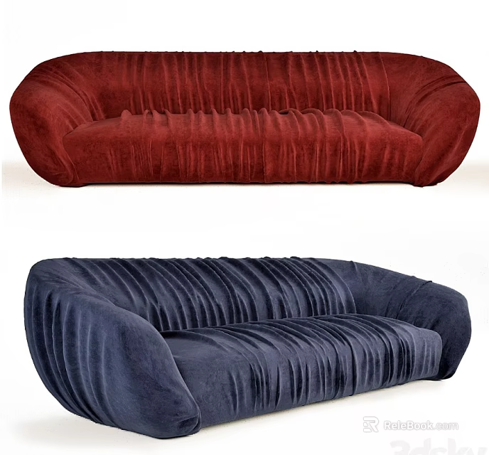 Red And Blue Modern Velvet Sofa With Pleated Design And Comfortable Seating 3d model 