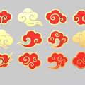 Traditional Red And Gold Cloud Patterns With Various Designs On Black Background 3d model