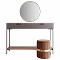 Modern Gray Dressing Table With Round Mirror Brown Stool And Storage Drawers 3d model