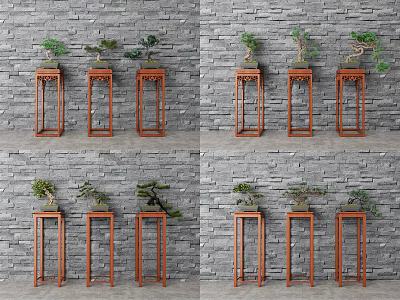 Bonsai Plants Displayed On Red Wooden Plant Stands Against Gray Brick Wall 3d model