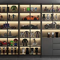 Black Decorative Cabinet Showcasing Toy Models Action Figures And Vehicle Models