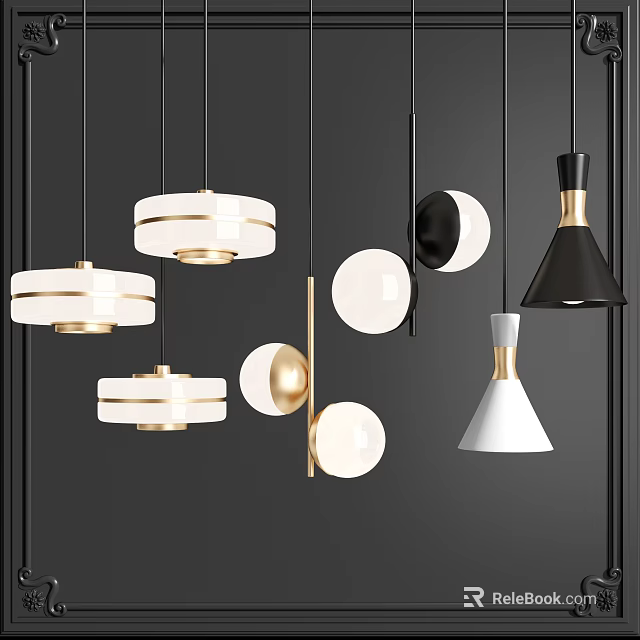 Modern Pendant Lights With Various Geometric Shapes And White Black Gold Accents 3d model 