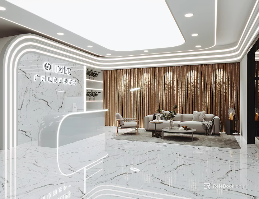 Modern Front Desk Reception With Marble Counter Sofa Area And Elegant Lighting 3d model