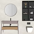 Modern Bathroom Washbasin Vanity With Round Backlit Mirror Wooden Drawer And Black Shelving