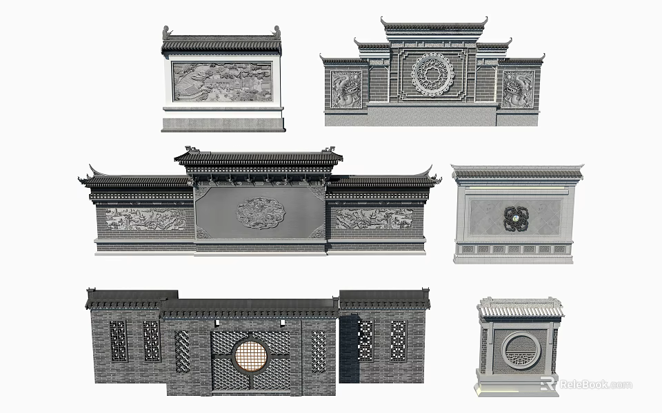 Traditional Chinese Garden Walls With Carved Patterns Circular Decorations And Symmetrical Structure 3d model 