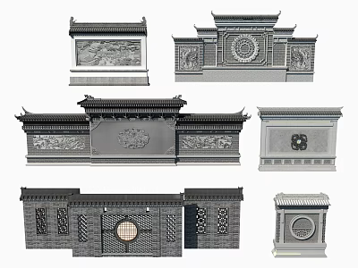 Traditional Chinese Garden Walls With Carved Patterns Circular Decorations And Symmetrical Structure 3d model
