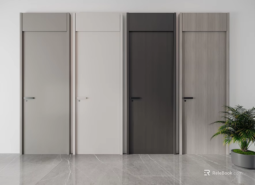 Four Modern Hinged Doors In Various Colors With Marble Floor And Potted Plant 3d model 
