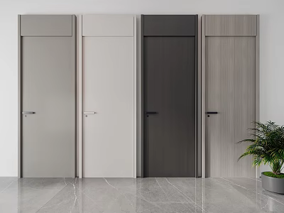 Four Modern Hinged Doors In Various Colors With Marble Floor And Potted Plant 3d model