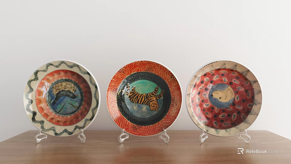 Decorative Plates with Unique Animal and Nature Patterns Displayed on Clear Stands Wooden Table 3d model 