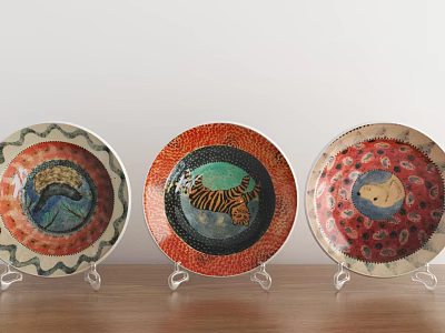 Decorative Plates with Unique Animal and Nature Patterns Displayed on Clear Stands Wooden Table 3d model
