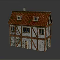 Cartoon House Scene With Red Roof White Walls Brown Wooden Frames Windows And Door