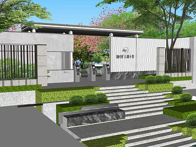 Modern Entrance Gate With Landscaped Steps Green Trees And Architectural Design 3d model