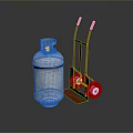 Silver Gas Cylinder And Green Hand Truck With Red Handles And Wheels