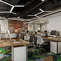 Modern Public Office Space Interior With Open Layout Desks Computers And Geometric Lights 3d model