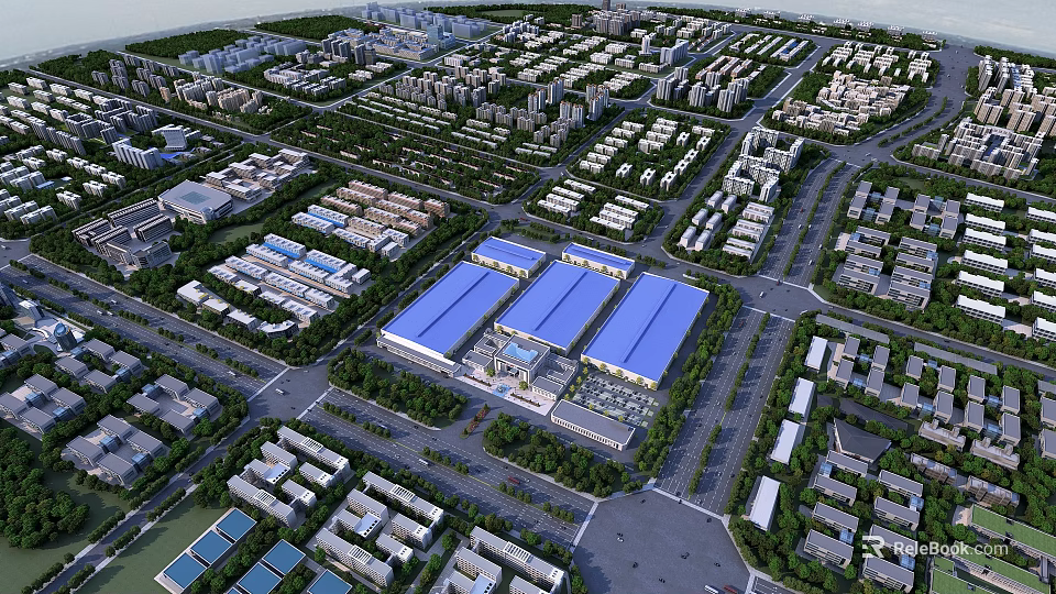 Large Scale Industrial Factory Complex With Blue Roofs Road Networks And Green Spaces 3d model 