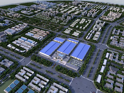 Large Scale Industrial Factory Complex With Blue Roofs Road Networks And Green Spaces 3d model