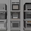 Modern Built in Kitchen Appliances With Stacked Vertical Ovens On Multi Layer Shelves