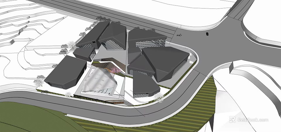 Modern Commercial Complex With Geometric Buildings Central Courtyard And Surrounding Roads 3d model 