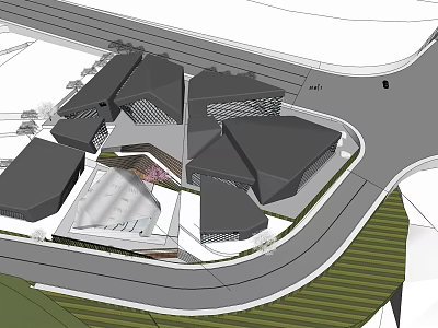 Modern Commercial Complex With Geometric Buildings Central Courtyard And Surrounding Roads 3d model