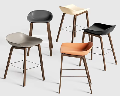Minimalist Modern Bar Stools With Wooden Legs And Multi Colored Seats 3d model