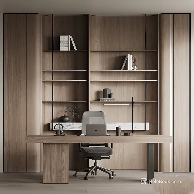 Minimalist Wooden Desk And Office Chair Set In Study Room With Bookshelf And Laptop 3d model 