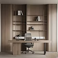 Minimalist Wooden Desk And Office Chair Set In Study Room With Bookshelf And Laptop