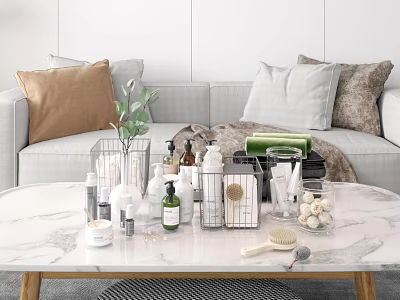 Stylish Modern Bathroom Accessories with Body Wash Bottles Metal Rack Bath Brush and Cotton Balls 3d model