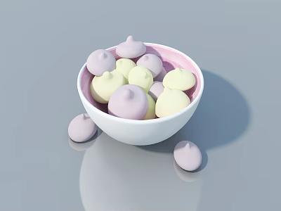 White Ceramic Bowl With Pink Rim Holding Purple And Yellow Pastries On Gray Surface 3d model