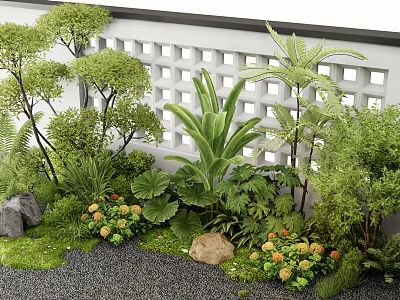 Lush Shrubs in Garden Landscape with Various Plants Stones and Gravel 3d model