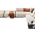 Modern Beige Linen Sectional Sofa With Accent Pillows Throw Blanket And Side Table 3d model