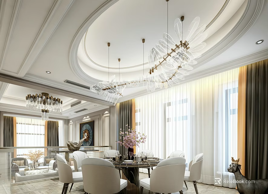 Elegant Modern Dining Living Room Interior With Crystal Chandelier Table White Chairs And Large Windows 3d model 