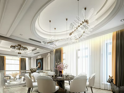 Elegant Modern Dining Living Room Interior With Crystal Chandelier Table White Chairs And Large Windows 3d model