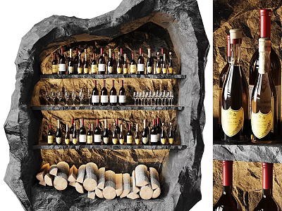 Rock Inspired Wine Cabinet With Multiple Shelves Storing Wine Bottles Glasses And Logs 3d model