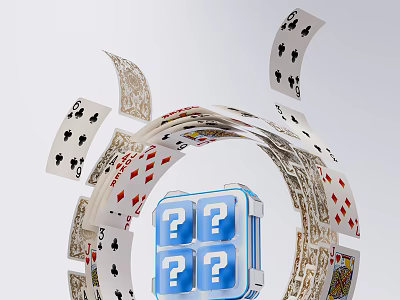 Flying Playing Cards Surrounding Blue Mystery Cube With Question Marks 3d model