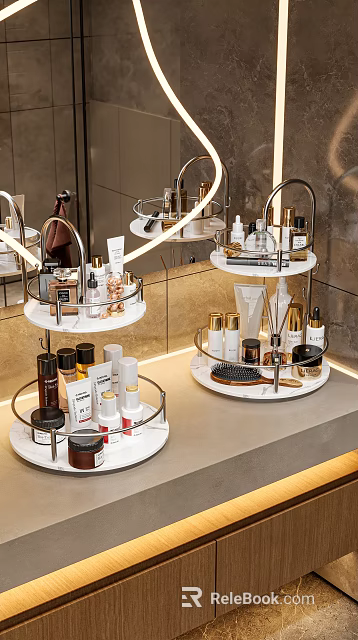 Modern Multilayer Metal Rotating Decorative Accessory Set With Skincare Cosmetics And Marble Vanity Base 3d model 