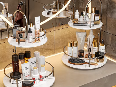 Modern Multilayer Metal Rotating Decorative Accessory Set With Skincare Cosmetics And Marble Vanity Base 3d model