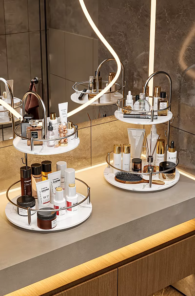 Modern Multilayer Metal Rotating Decorative Accessory Set With Skincare Cosmetics And Marble Vanity Base 3d model