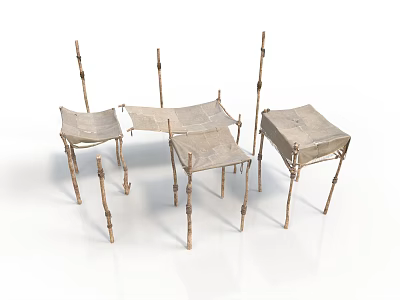 Handcrafted Rustic Furniture Stools With Wooden Sticks And Fabric Seats 3d model