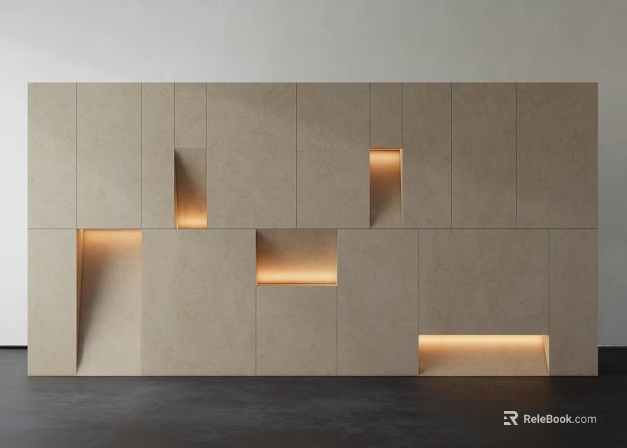 Modern Room Divider With Geometric Cutouts Built in Lighting And Neutral Finish 3d model 