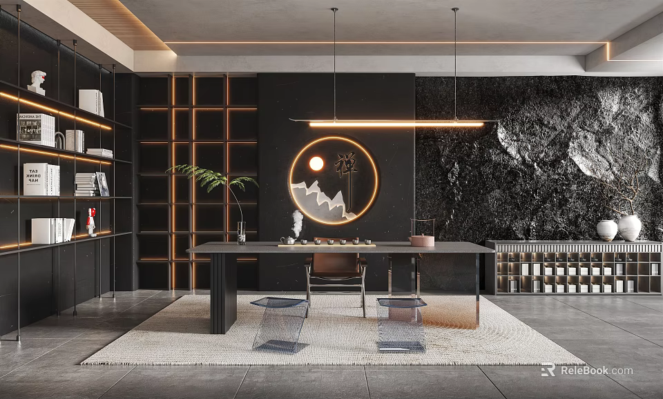 Tranquil Tea Room Interior With Wooden Shelves Long Table Glass Chairs And Circular Mountain Painting 3d model 