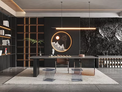 Tranquil Tea Room Interior With Wooden Shelves Long Table Glass Chairs And Circular Mountain Painting 3d model
