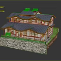 Traditional Two Story Guesthouse Building With Blue Tiled Roof Red Wooden Accents And Green Lawn