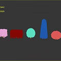 Five Different Shaped Plants on Black Smooth Surface with 3D Model Appearance and Varied Heights