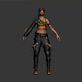 Woman in orange top and black pants with hat posing with tattoos in futuristic style 3d model