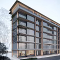 Modern Multi Storey Building Featuring Large Glass Windows Water Pool And Green Plants At Base