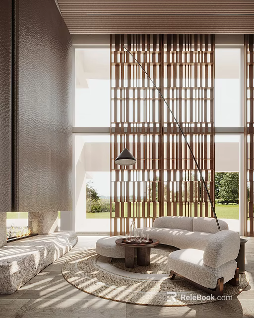 Modern Living Room Interior With Large Windows Wooden Slat Partition Sofa And Floor Lamp 3d model 