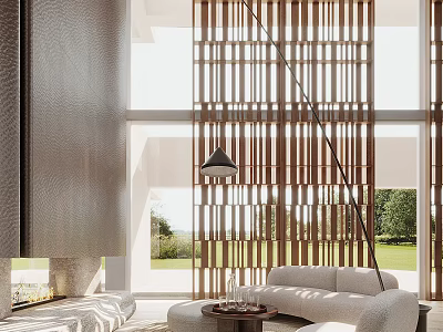 Modern Living Room Interior With Large Windows Wooden Slat Partition Sofa And Floor Lamp 3d model
