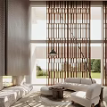 Modern Living Room Interior With Large Windows Wooden Slat Partition Sofa And Floor Lamp