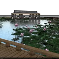 Garden Landscape With Lotus Pond Pink Flowers Green Leaves And Wooden Pavilion